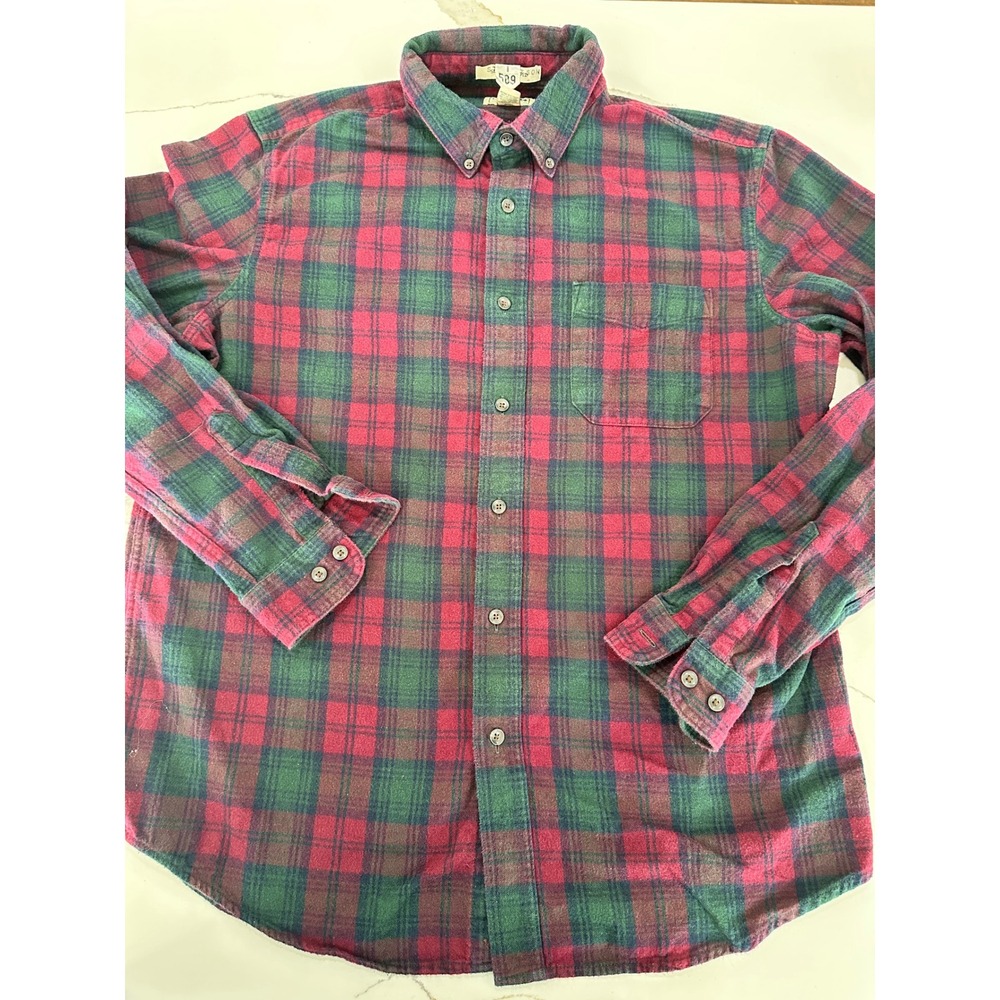 LL Bean Mens‎ Large Flannel Shirt Red Green Plaid Cotton Button Down